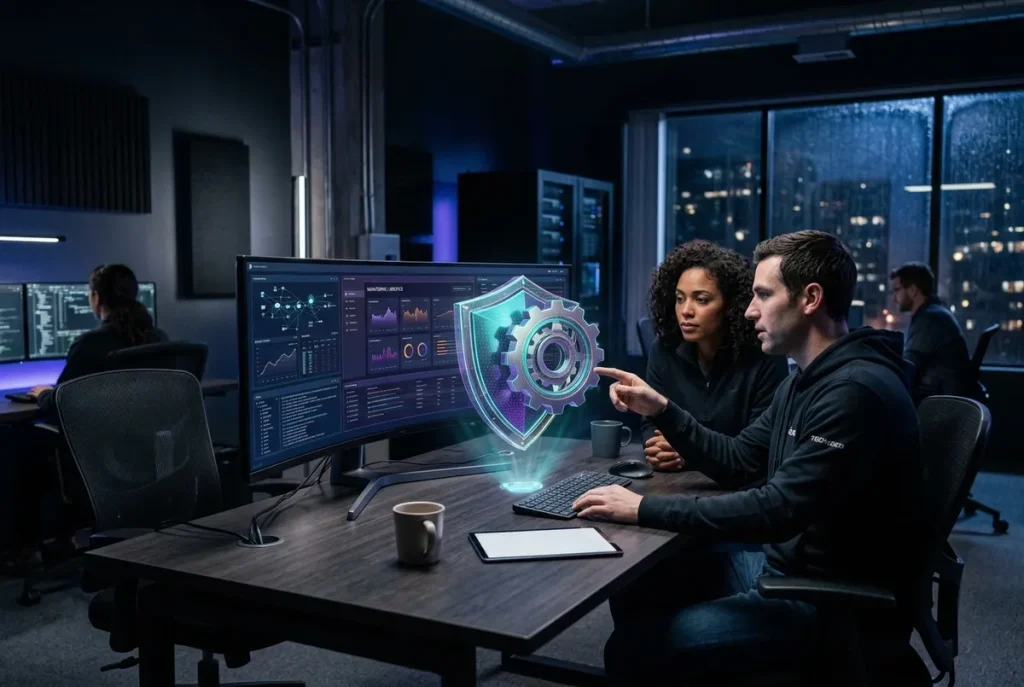 Equipo de ingenieros revisando la seguridad y el mantenimiento de un sistema